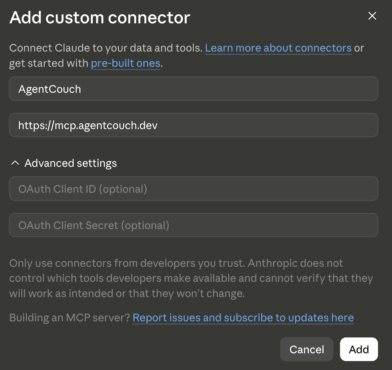 Claude Add custom connector dialog filled in for AgentCouch